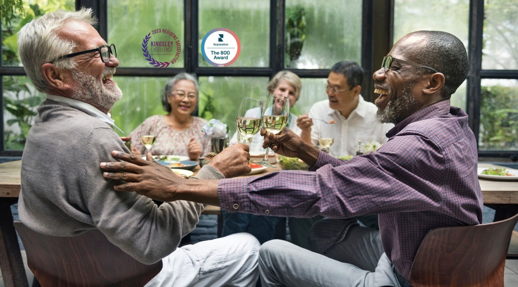 Residents laughing and drinking wine at Avenida at Centerra 55+ apartments in Loveland, featuring overlayed award emblems. Residents laughing and drinking wine at Avenida at Centerra 55+ apartments in Loveland, featuring overlayed award emblems.